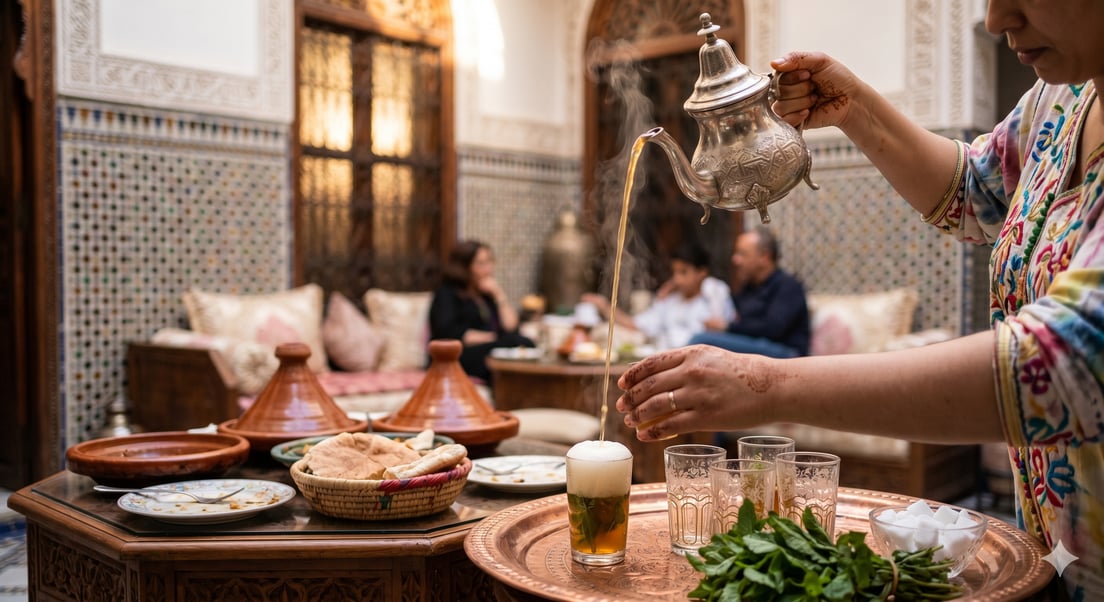 Glass of Moroccan mint tea with fresh mint