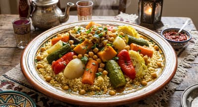 Fluffy couscous with colorful steamed vegetables