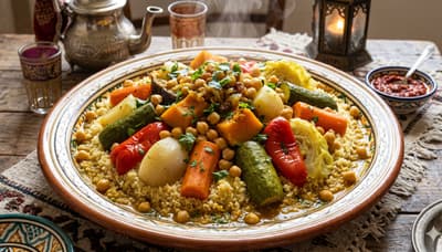 Fluffy couscous with colorful steamed vegetables