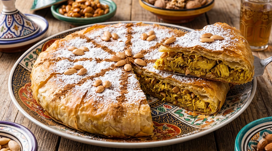 Golden chicken bastilla pie dusted with powdered sugar