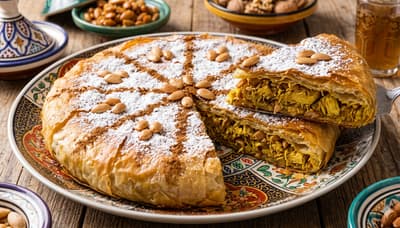 Golden chicken bastilla pie dusted with powdered sugar