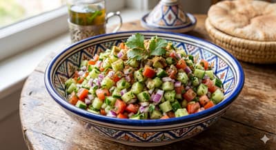 A vibrant Moroccan salad with finely chopped tomatoes, cucumbers, red onions, and fresh herbs