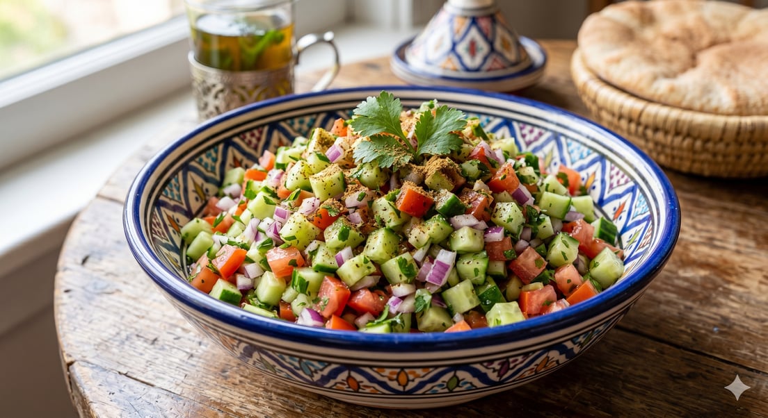 A vibrant Moroccan salad with finely chopped tomatoes, cucumbers, red onions, and fresh herbs