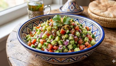 A vibrant Moroccan salad with finely chopped tomatoes, cucumbers, red onions, and fresh herbs
