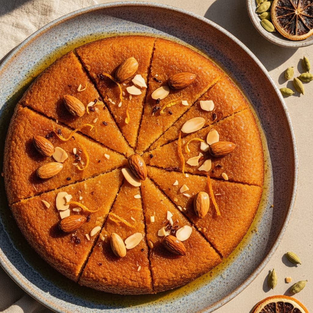 Almond Basbousa with Orange-Cardamom Syrup — Moroccan Plate recipe photo