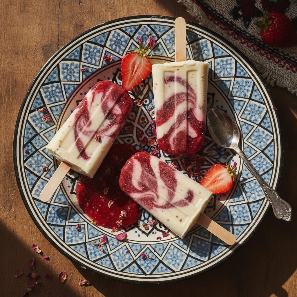 Almond Butter & Rose Popsicles with Strawberry Jam — Moroccan Plate recipe photo