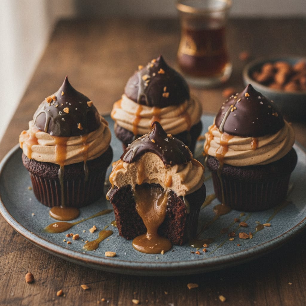 Amlou & Chocolate Hi-Hat Cupcakes with Caramel Filling — Moroccan Plate recipe photo