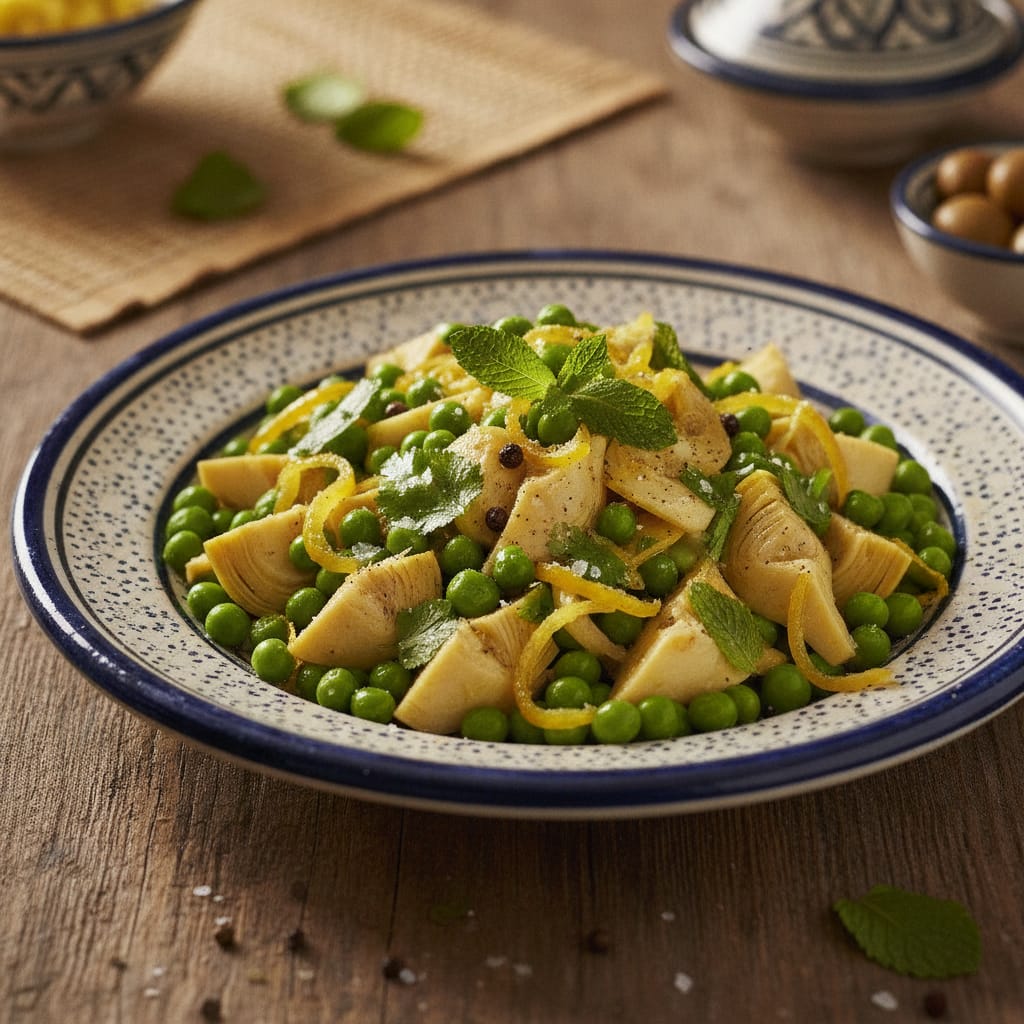 A salad of artichoke hearts, green peas and preserved lemon garnished with fresh herbs