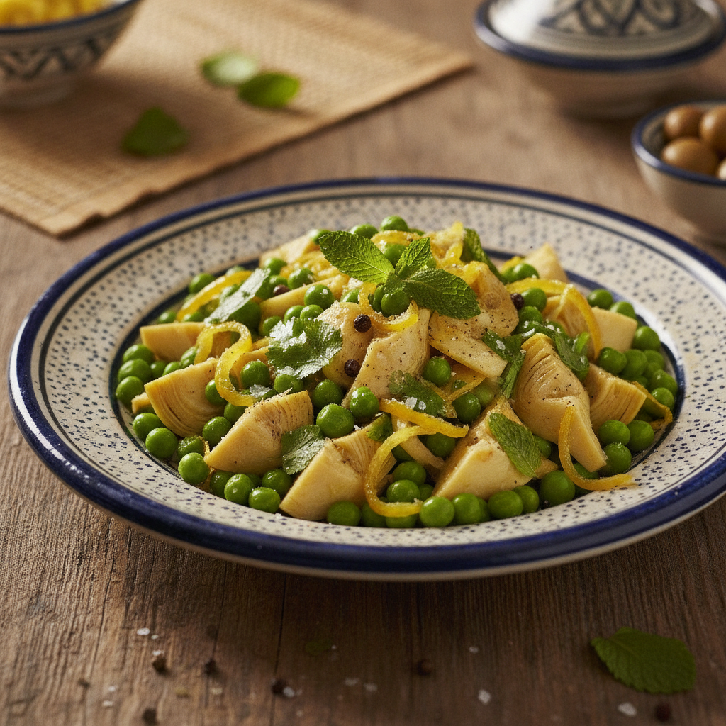 A salad of artichoke hearts, green peas and preserved lemon garnished with fresh herbs