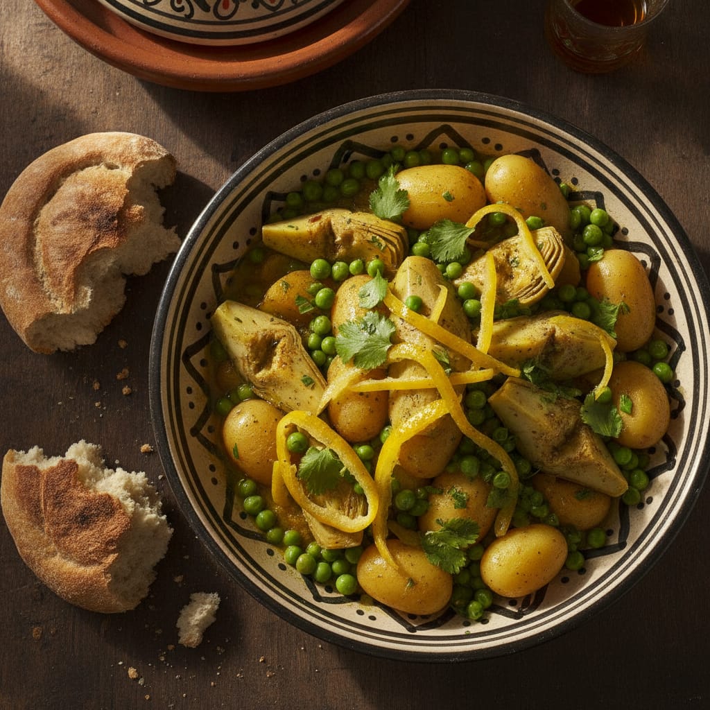 A vegan Moroccan tagine of artichokes, peas, baby potatoes and preserved lemon