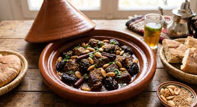 Moroccan meat and prune tagine presented in a traditional clay pot, garnished with almonds and sesame seeds