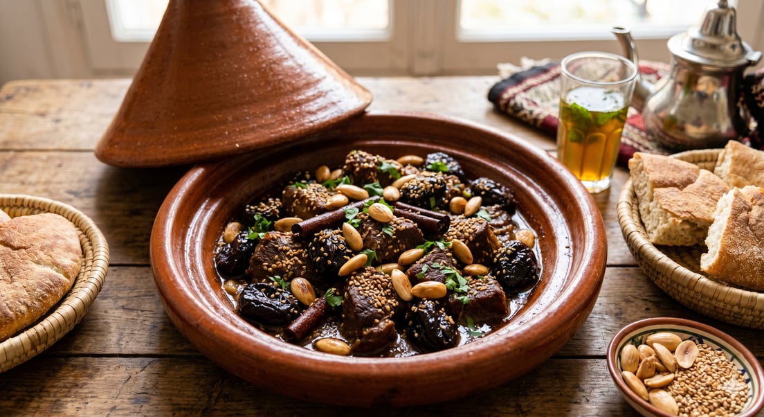 Moroccan meat and prune tagine presented in a traditional clay pot, garnished with almonds and sesame seeds