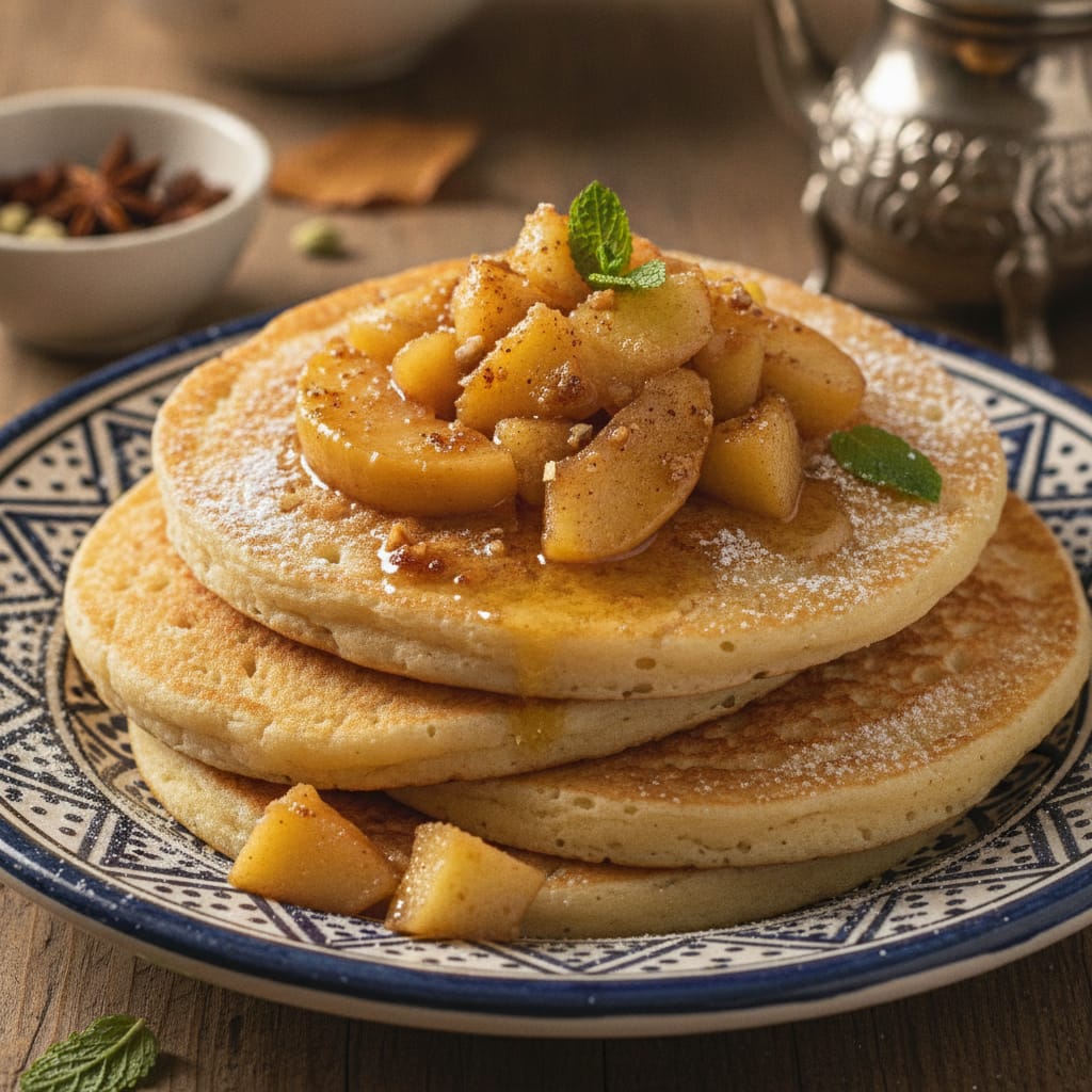 Stacked Moroccan baghrir pancakes topped with brown butter spiced apples