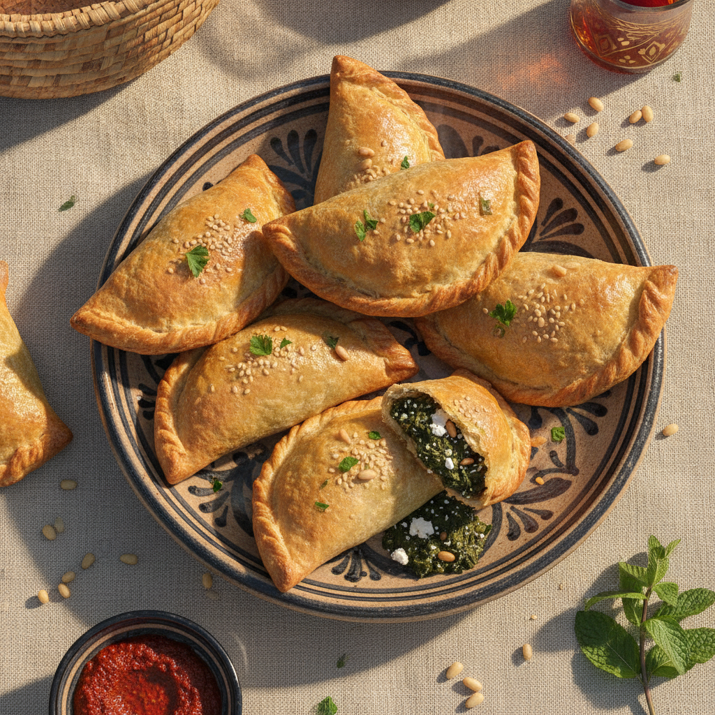 Golden baked hand pies filled with bakoula greens, feta and pine nuts