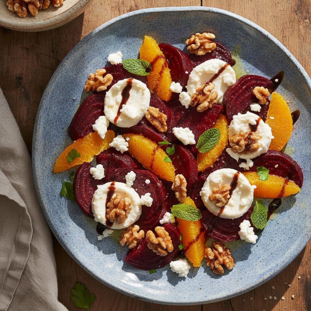 Beetroot, Goat Cheese & Orange Salad with Candied Walnuts — Moroccan Plate recipe photo