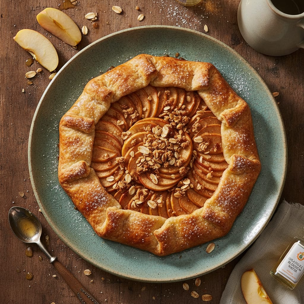 A rustic apple galette with brown butter and orange blossom, topped with streusel