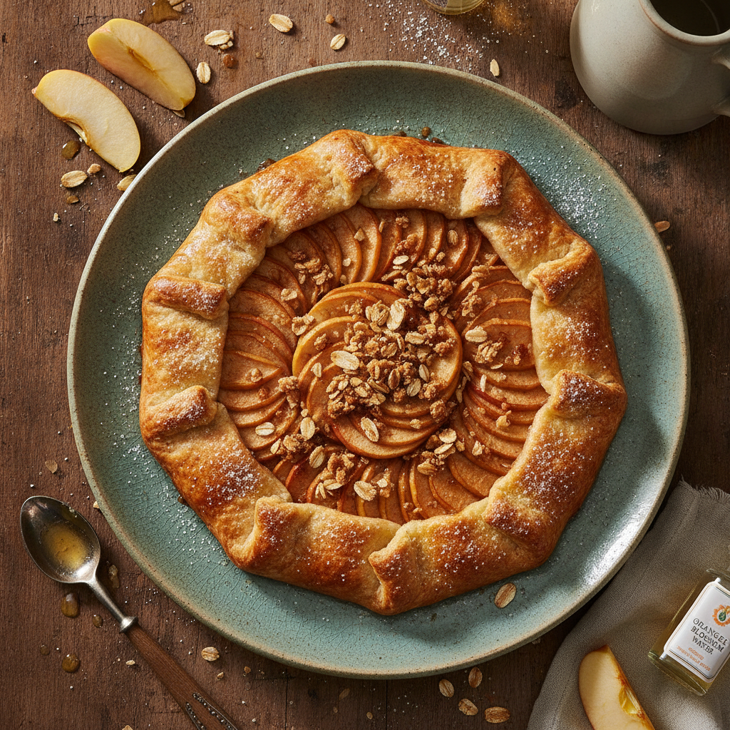A rustic apple galette with brown butter and orange blossom, topped with streusel