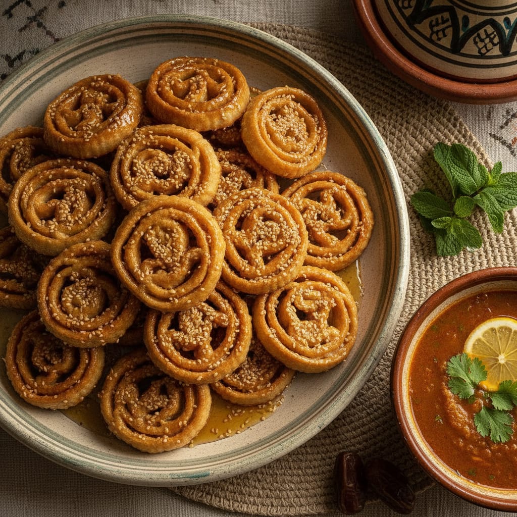 A plate of golden honey-glazed Chebakia cookies coated in sesame seeds