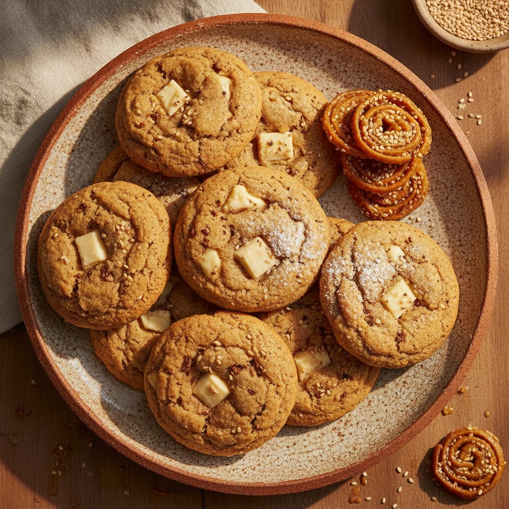 Soft-baked chebakia-spiced cookies studded with white chocolate chunks