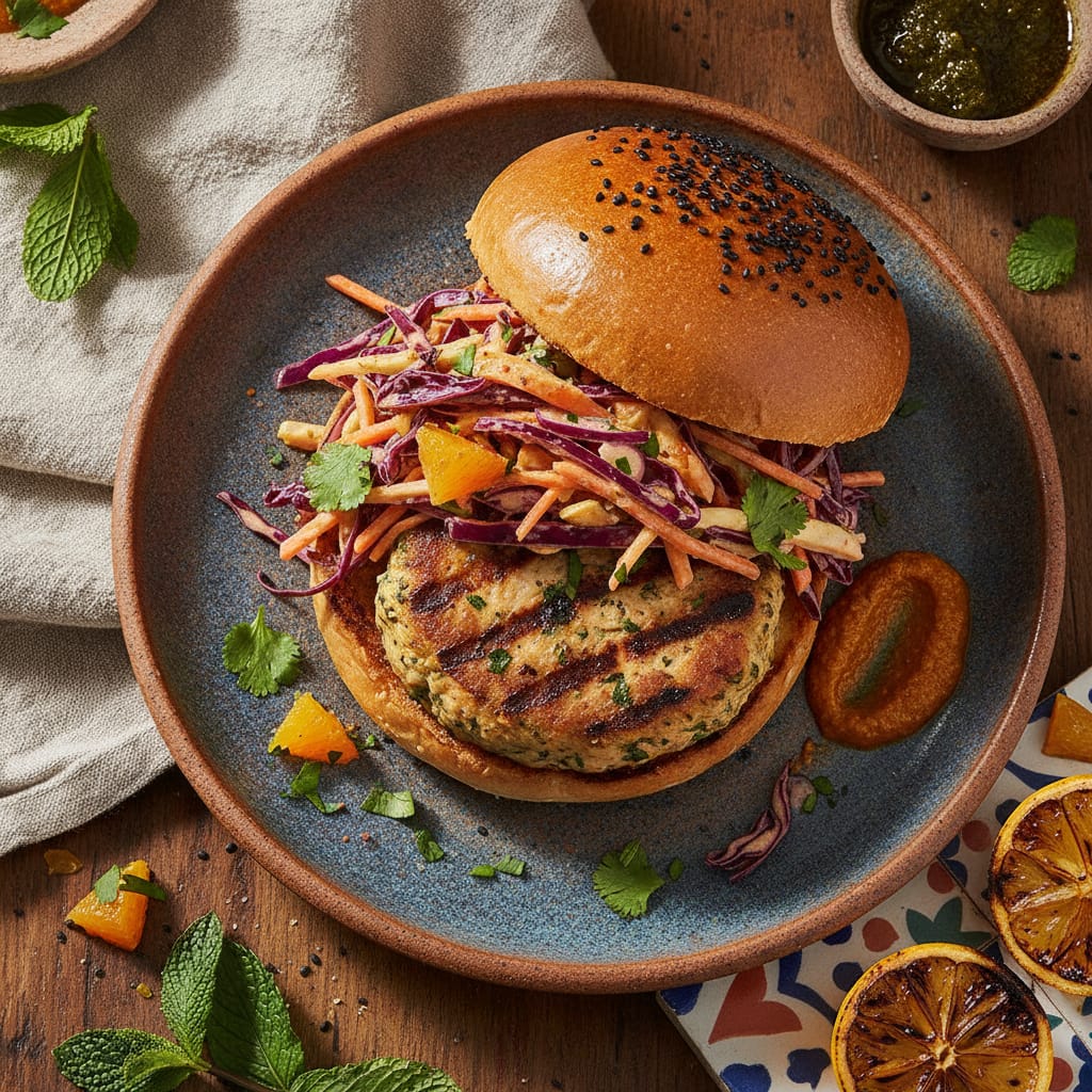 Chermoula Chicken Burger with Harissa-Orange Coleslaw — Moroccan Plate recipe photo