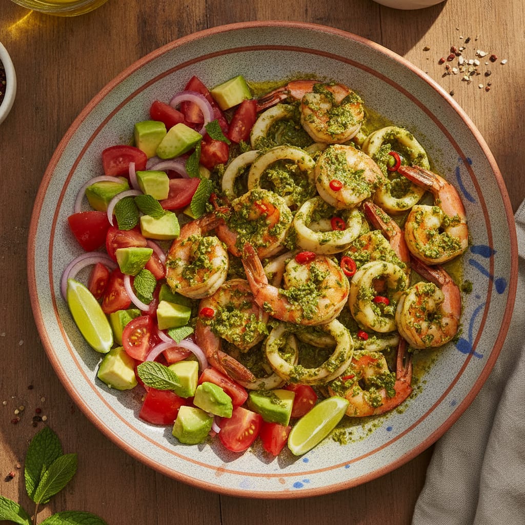 Chermoula Prawns & Calamari with Tomato-Avocado Salad — Moroccan Plate recipe photo
