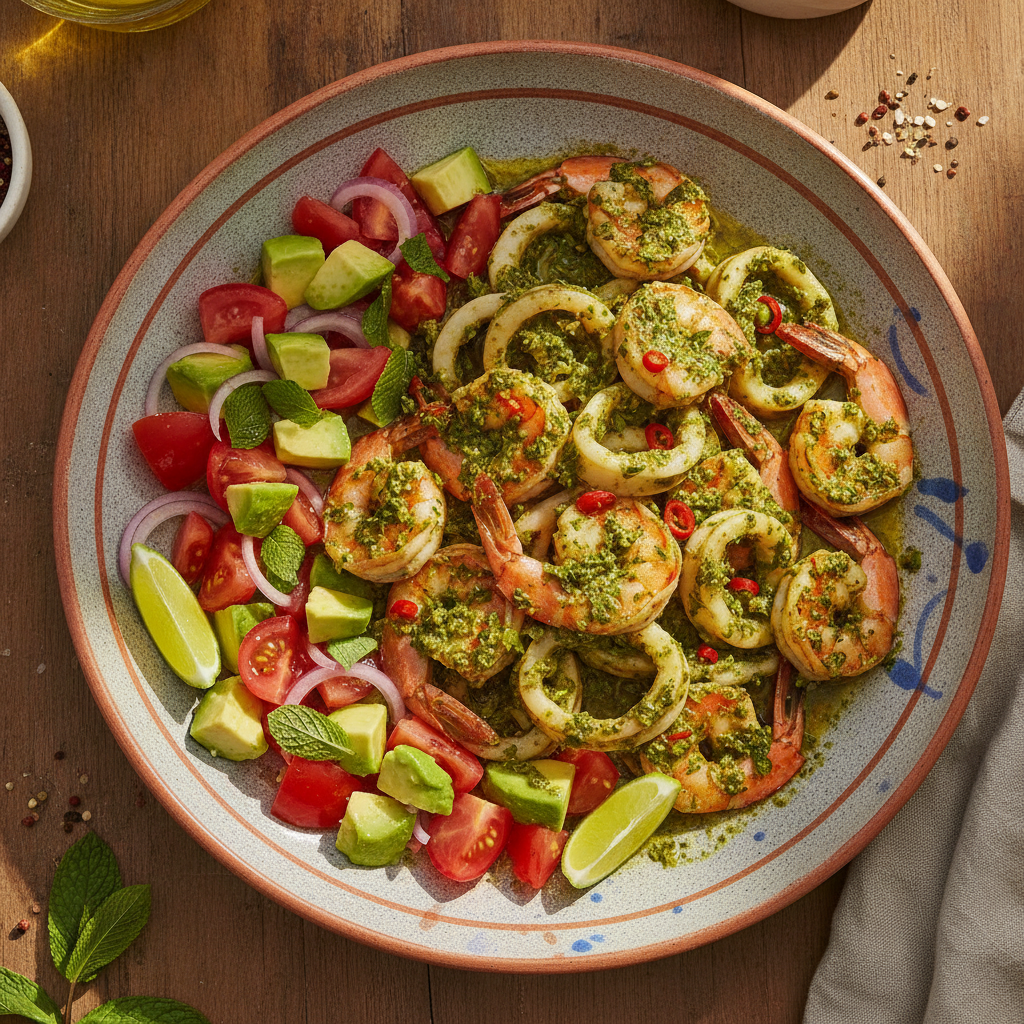 Chermoula Prawns & Calamari with Tomato-Avocado Salad — Moroccan Plate recipe photo