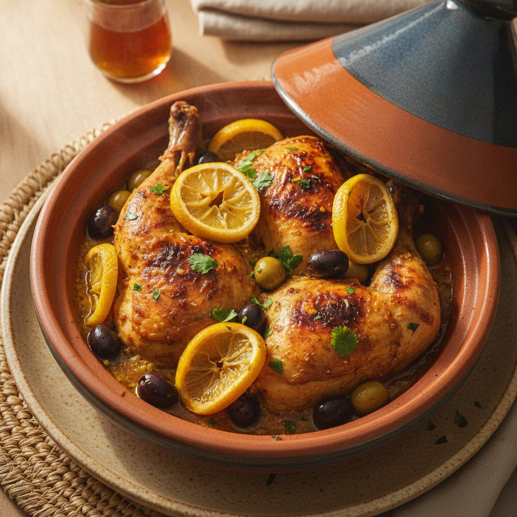 Chicken Mkalli (Chicken, Preserved Lemon & Olive Tagine) — Moroccan Plate recipe photo