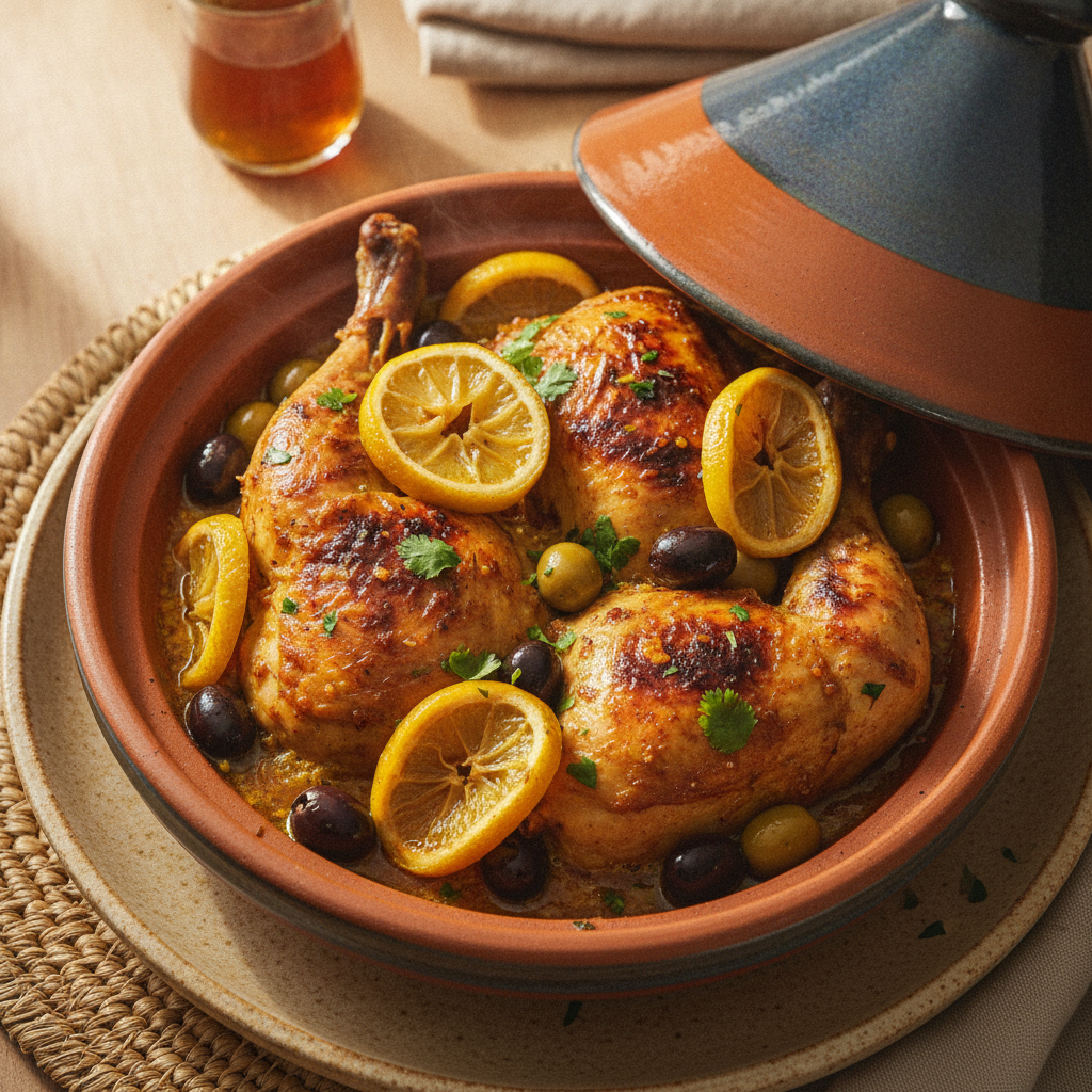 Chicken Mkalli (Chicken, Preserved Lemon & Olive Tagine) — Moroccan Plate recipe photo