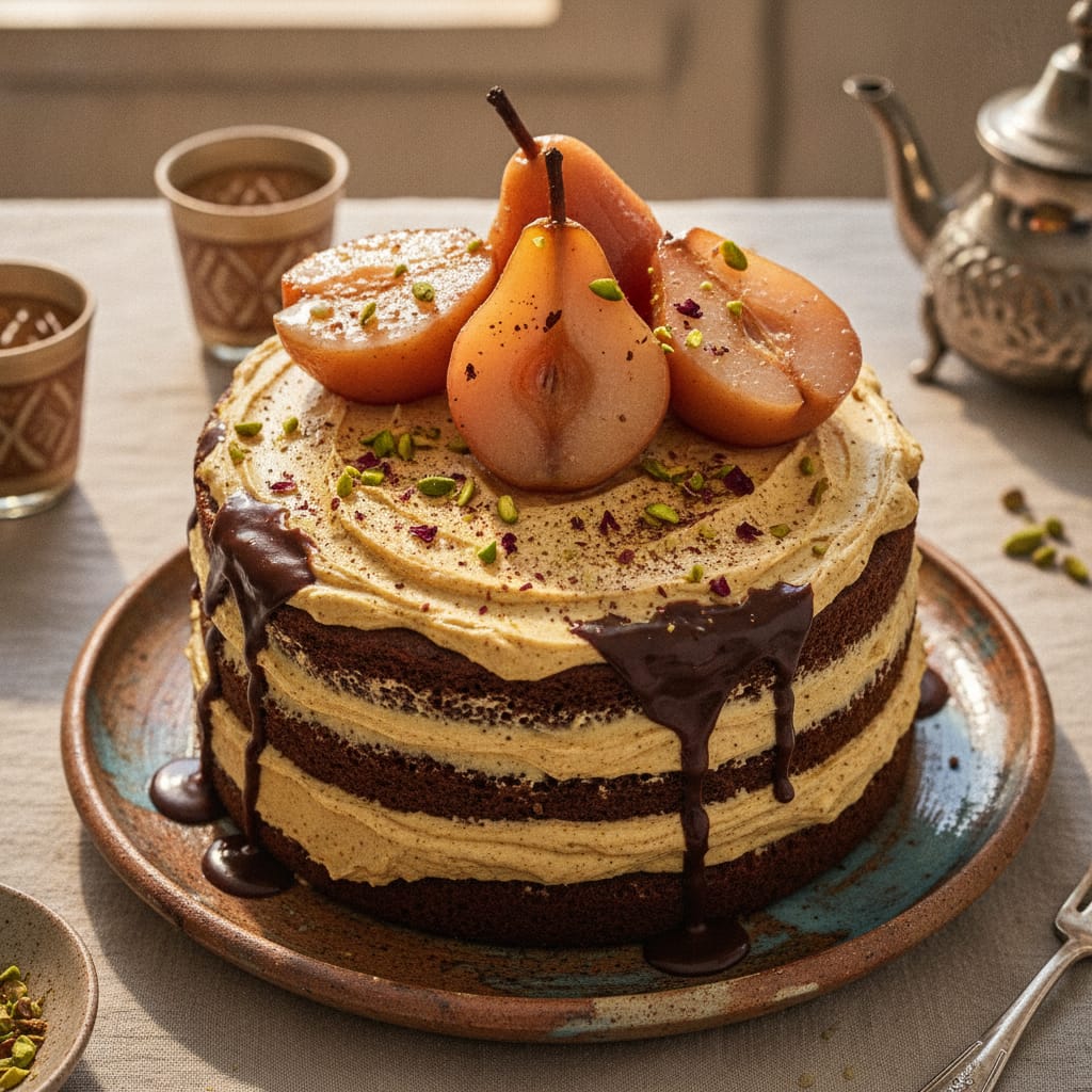 Chocolate Layer Cake with Ras El Hanout Buttercream & Poached Pears — Moroccan Plate recipe photo