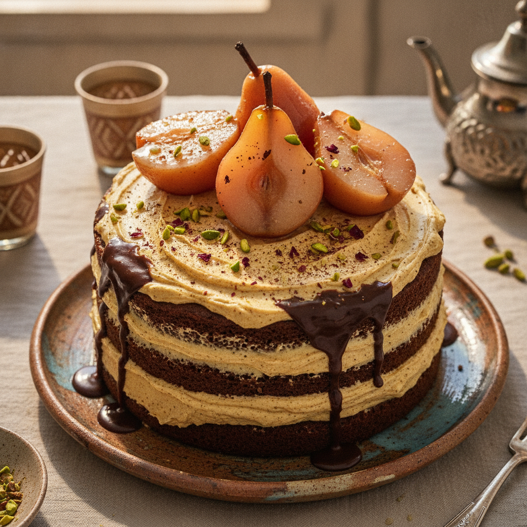 Chocolate Layer Cake with Ras El Hanout Buttercream & Poached Pears — Moroccan Plate recipe photo