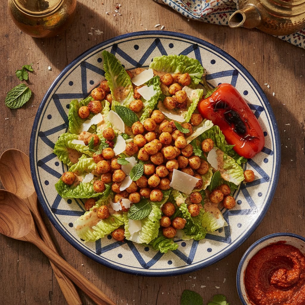 A Caesar salad topped with crispy harissa-roasted chickpeas and shaved parmesan