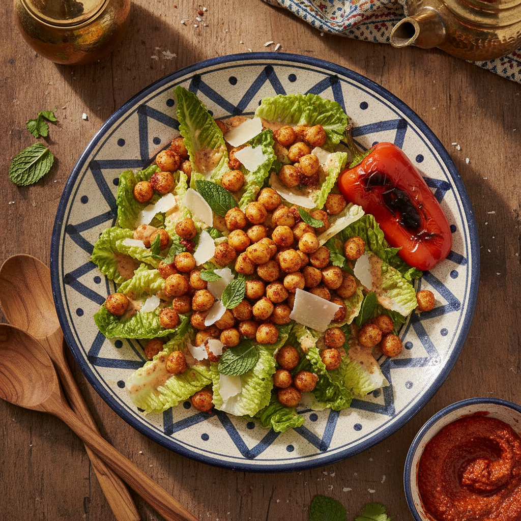 A Caesar salad topped with crispy harissa-roasted chickpeas and shaved parmesan