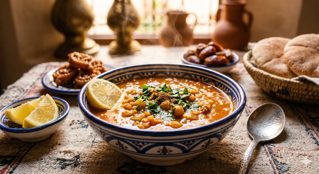 Bowl of harira soup with lentils and fresh herbs