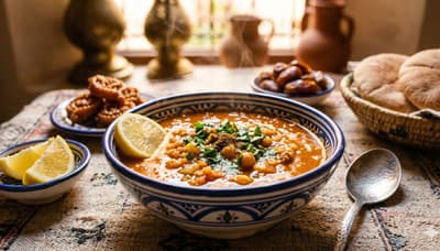 Bowl of harira soup with lentils and fresh herbs