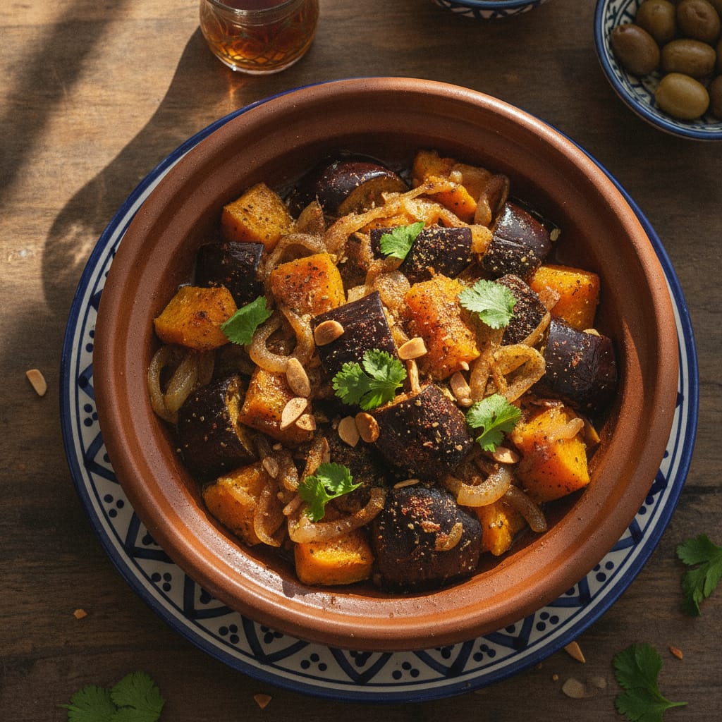 Eggplant & Pumpkin Tagine with Caramelized Onions (Vegan) — Moroccan Plate recipe photo