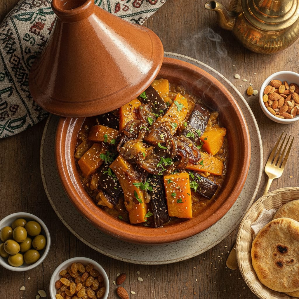 Eggplant & Pumpkin Tagine with Caramelized Onions (Vegan) — Moroccan Plate recipe photo