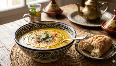 A bowl of creamy Bisarra soup drizzled with olive oil and dusted with spices