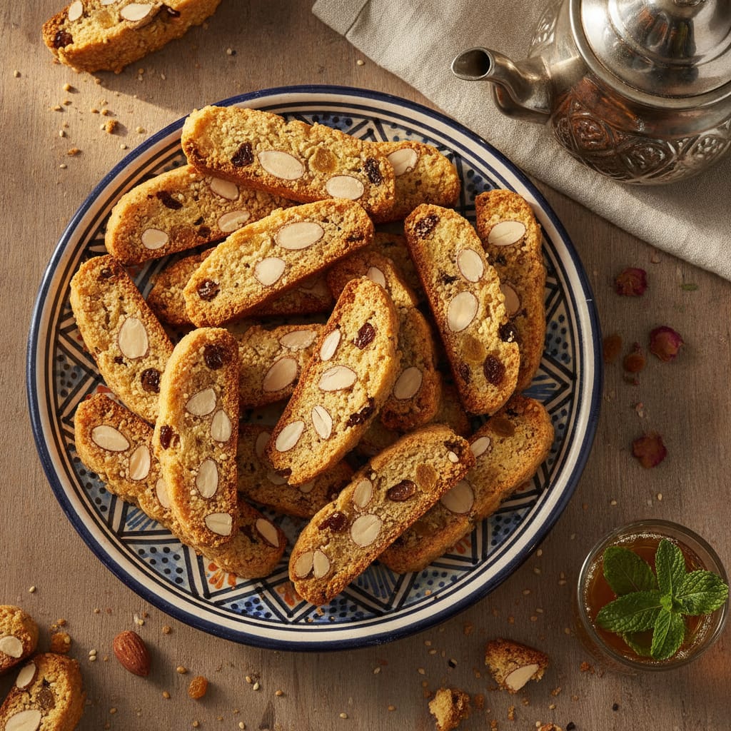 Sliced Moroccan Fekkas biscotti cookies with almonds and raisins arranged on a plate