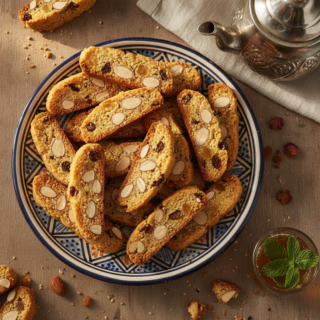 Sliced Moroccan Fekkas biscotti cookies with almonds and raisins arranged on a plate