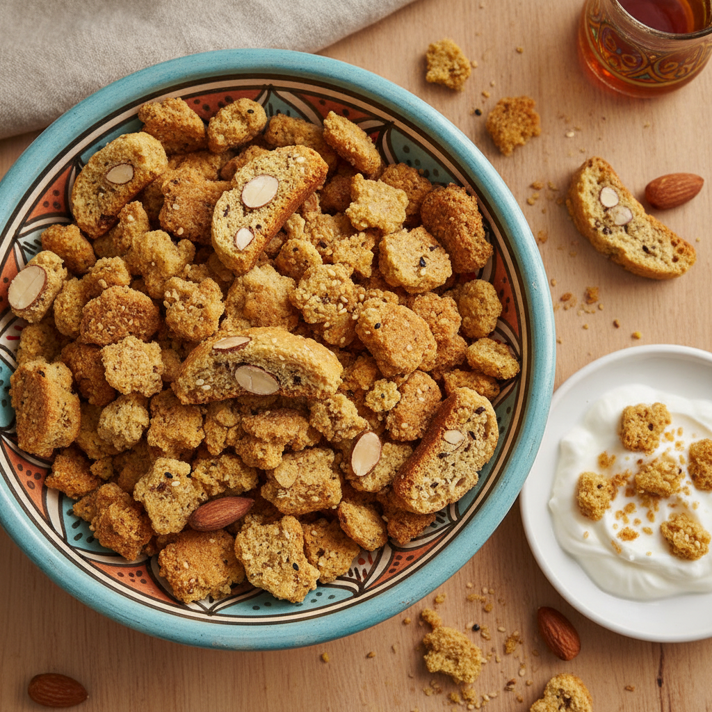 A bowl of crunchy Moroccan fekkas cereal bites with almonds and sesame seeds