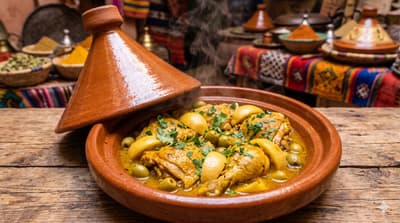 Moroccan chicken tagine in a clay pot with lemon and herbs