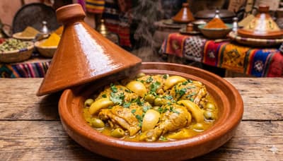 Moroccan chicken tagine in a clay pot with lemon and herbs