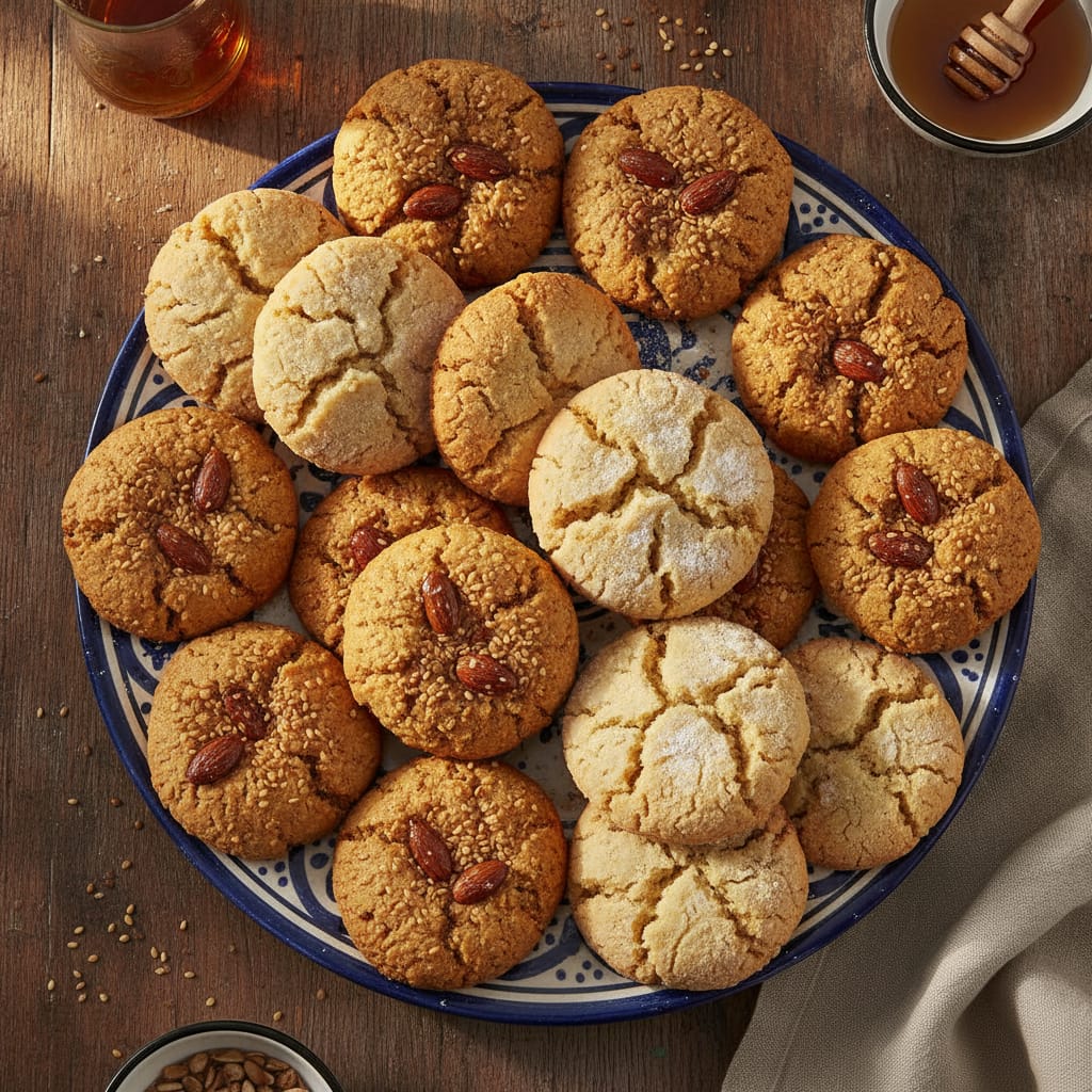 A plate of cracked-top Moroccan Ghriba shortbread cookies with mint tea