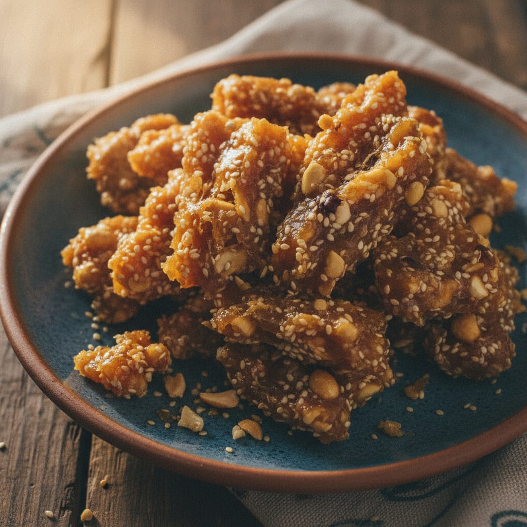 Chewy Moroccan halwa dyal makina candy pieces coated in peanuts and sesame seeds