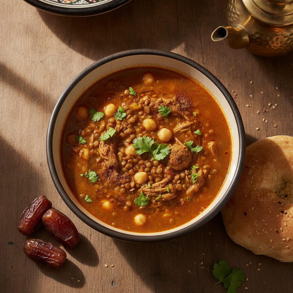 A bowl of traditional Moroccan Harira soup garnished with fresh herbs and a lemon wedge