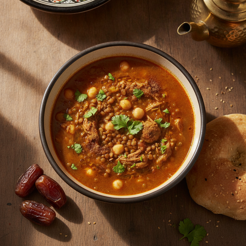 A bowl of traditional Moroccan Harira soup garnished with fresh herbs and a lemon wedge