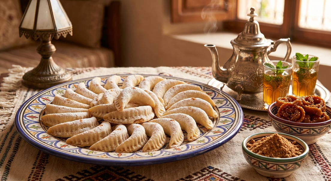 Moroccan kaab el ghazal crescent cookies dusted with sugar