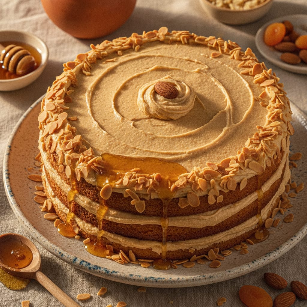 Honey & Vanilla Almond Layer Cake with Amlou Filling — Moroccan Plate recipe photo