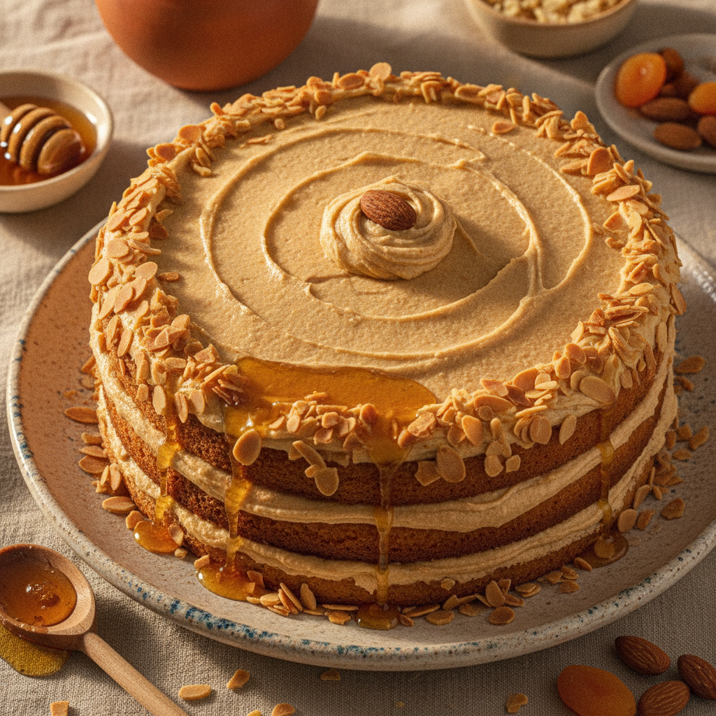 Honey & Vanilla Almond Layer Cake with Amlou Filling — Moroccan Plate recipe photo