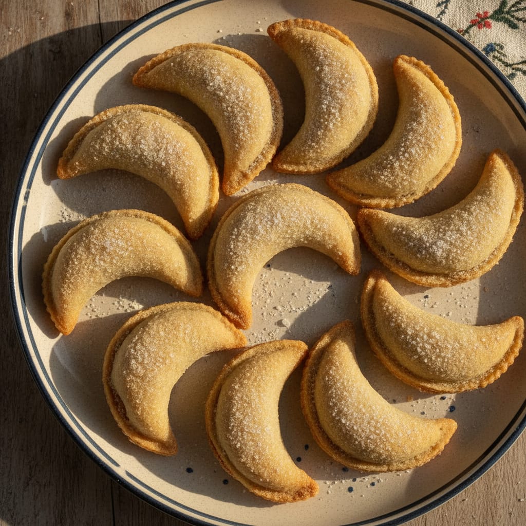 Crescent-shaped Kaab el Ghazal gazelle horn cookies dusted with powdered sugar